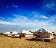 Tent camp in desert. Jaisalmer, Rajasthan, India. photo