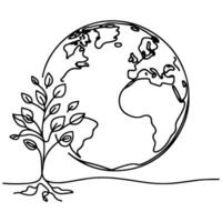 black line art tree growing sprout from planet Earth. continuous one line sketch drawing vector illustration