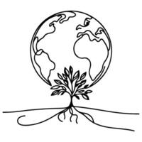 black line art tree growing sprout from planet Earth. continuous one line sketch drawing vector illustration