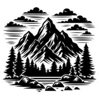 Panorama silhouette mountain with forest pine trees landscape black line Sketch art Hand drawn style vector illustration