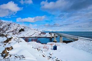 Djupfjord Bridge Djupfjordbrua in winter. Lofoten islands, Norway photo