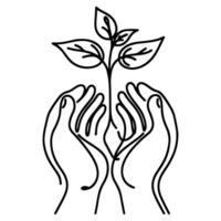 Continuous one black line art tree sprout growing from hands. Earth planet protection concept day hand sketch drawing doodle style vector