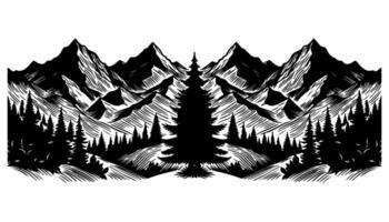 Panorama silhouette mountain with forest pine trees landscape black line Sketch art Hand drawn style vector illustration