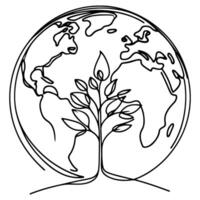 black line art tree growing sprout from planet Earth. continuous one line sketch drawing vector illustration