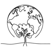 black line art tree growing sprout from planet Earth. continuous one line sketch drawing vector illustration