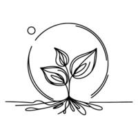 black line art tree growing sprout from planet Earth. continuous one line sketch drawing vector illustration