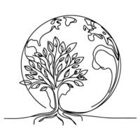 black line art tree growing sprout from planet Earth. continuous one line sketch drawing vector illustration