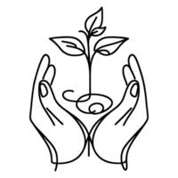 Continuous one black line art tree sprout growing from hands. Earth planet protection concept day hand sketch drawing doodle style vector