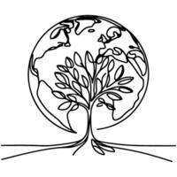 black line art tree growing sprout from planet Earth. continuous one line sketch drawing vector illustration