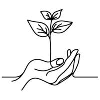 Continuous one black line art tree sprout growing from hands. Earth planet protection concept day hand sketch drawing doodle style vector