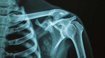 AI generated an X-ray illustration of the broken upper arm bone and the damaged shoulder joint. photo