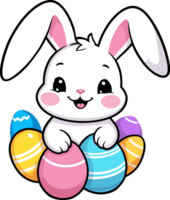 AI generated Long ear bunny with colorful easter eggs cartoon illustration in transparent background png, perfect for Easter, nursery, and kid design elements png