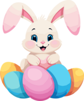 AI generated Bunny sitting with colorful eggs cartoon illustration in transparent background png, perfect for Easter, nursery, and kid design element png