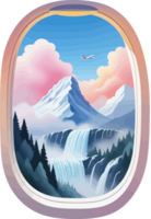 AI generated Window view of plane with beautiful waterfalls and mountain background, watercolor abstract illustration for nature and travel design png