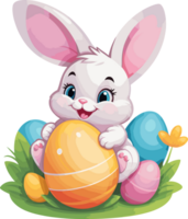 AI generated Cute bunny sitting and hugging colorful easter eggs cartoon illustration in transparent background png, perfect for Easter day, nursery, and kid design element png