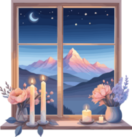 AI generated Tranquil night illustration of glowing candles and flowers at window with stunning mountain landscape and beautiful sky background, watercolor style for nature-inspired relaxation png