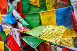 Buddhist prayer flags lungta with prayers, Ladakh photo