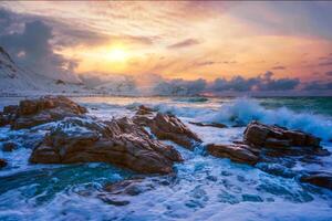 Norwegian Sea waves on rocky coast of Lofoten islands, Norway photo