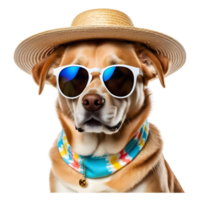 ai généré chien portant cool des lunettes et paille chapeau dans été vêtements png