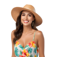 ai gegenereerd mooi vrouw glimlachen gelukkig met zonnebril in zomer toerist kleding png