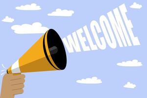 Megaphone or bullhorn with welcome text eminating as if the person is welcoming a new member of staff, New employee or successful candidate or interview, Business, marketing or advertising banner vector