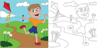 Boy Flying a Kite Coloring Page vector
