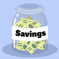 Savings jar with money notes inside, Savings concept vector