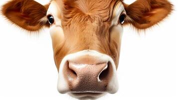 AI generated close-up of a cow face against a white background. photo