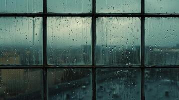 ai generado lluvioso día ver desde un ventana con lluvia soltar borroso ciudad en el antecedentes gris cielo foto