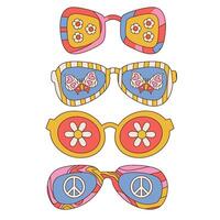 Groovy Sunglasses Set in Retro 70s Hippie Style . Geometric Abstract Eyewear in Different Forms with Daisy Flowers, butterfly and peace sign for Print. Linear hand drawn vector illustration.