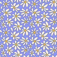 Abstract groovy floral hippie seamless patterns. Colorful outline distorted daisy flowers lilac background in trendy retro style. Vector illustration