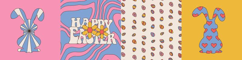 Set of simple square posters or cards for Happy Easter. Groovy bunny silhouettes in retro cartoon style of 60s 70s with psychedelic backgrounds. Flat linear vector illustration.