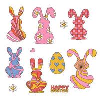 Easter set with bunny silhouettes with groovy patterns inside. Linear hand drawn vector illustration.
