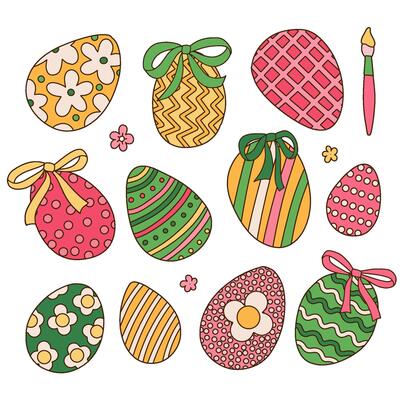 Easter eggs with bows set. Colorful art doodle illustration. Collection of elements with different ornament for decoration for happy Easter.