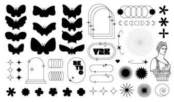 Modern minimalist aesthetic line elements set with trendy linear frames with stars, arch frames, geometric forms and butterfly silhouettes. Decorative collection of vector frames in boho style.