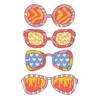 Groovy trippy psychedelic sunglasses set in trendy retro 1970s style with funny geometric patterns. Linear hand drawn vector illustration.