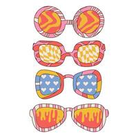 Groovy trippy psychedelic sunglasses set in trendy retro 1970s style with funny geometric patterns. Linear hand drawn vector illustration.