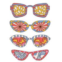 Groovy trippy psychedelic sunglasses collection. Retro 60s 70s graphic elements of glasses with abstract waves and rays. Hippie boho style stickers. Linear hand drawn vector illustration.