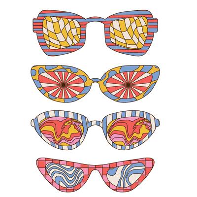 Groovy trippy psychedelic sunglasses collection. Retro 60s 70s graphic elements of glasses with abstract waves and rays. Hippie boho style stickers. Linear hand drawn vector illustration.