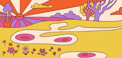 Retro psychedelic groovy landscape with sun, lake, flowers. Vintage hippie background with psychedelic lines. Contour hand drawn vector illustration.