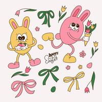 Groovy Happy Easter bunny characters set. Easter rabbits with eggs, bows, tulips, eggs. Collection of retro cartoon mascots and elements in trendy retro 60s 70s style. hand drawn vector illustration.