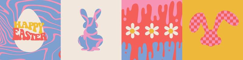 Set of groovy Easter greeting cards set. Simple Spring backgrounds in trendy 70s, 60s style. Vector illustration with trippy patterns