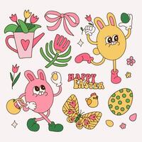 Set of Easter bunnies in retro groovy style. Easter characters with eggs, flowers and butterfly in trendy retro 60's 70's style. Contour hand drawn vector illustration.