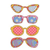 Set of Groovy Sunglasses in 70s Retro Hippie Style. Geometric Abstract Eyewear in Different Forms with groovy patterns inside for Print on T-Shirts, Cards. Linear hand drawn vector illustration.