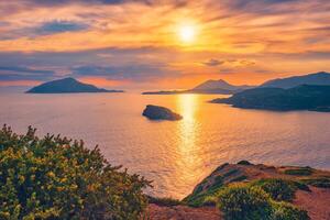 Aegean Sea with islands view on sunset photo