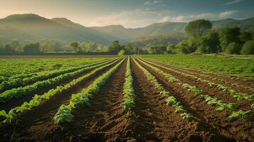 AI generated eco friendly farm with rows of organic crops  beautiful mountains under a clear sky. photo