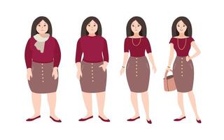 Progressive steps of young female cartoon character's body changing. Concept of weight loss through fitness workouts and proper nutrition. Vector illustration.