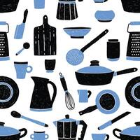 Seamless pattern with black and blue kitchen utensils, tableware, dishes and tools against white background. Vector illustration in trendy style for fabric print, wallpaper, wrapping paper, backdrop.