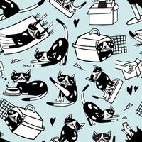 Seamless pattern with funny doodle cat in different postures against light blue background. Cute cartoon character hand drawn in black and white. Vector illustration for wallpaper, backdrop.