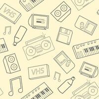 Stylish seamless pattern with old school attributes, electronic devices and music instruments on yellow background. Back to 90-s concept. Vector illustration for wallpaper, website backdrop.